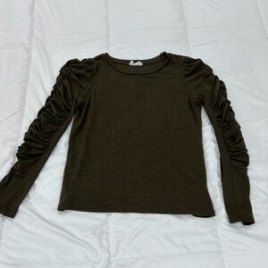 Green, long sleeve, shirt.